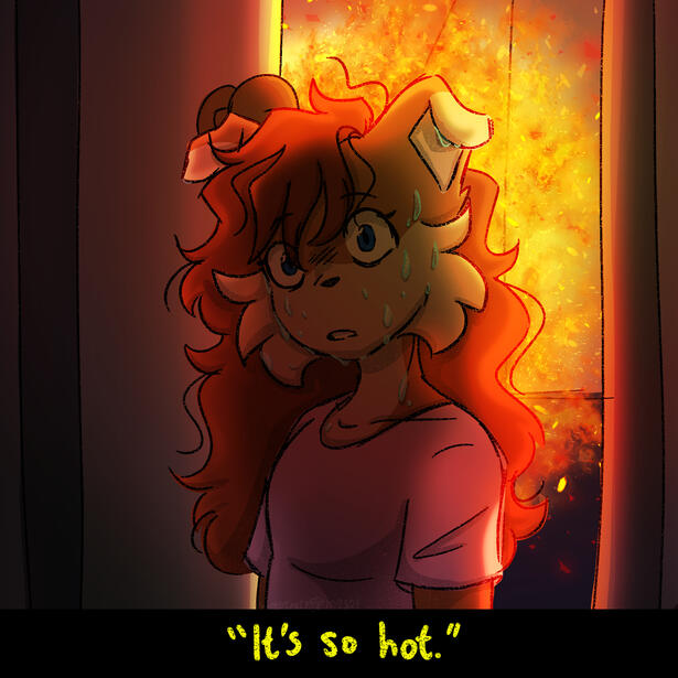 A furry orange dog stares into the camera as a fire is erupting behind the door behind her. A caption reads "It's so hot" underneath.