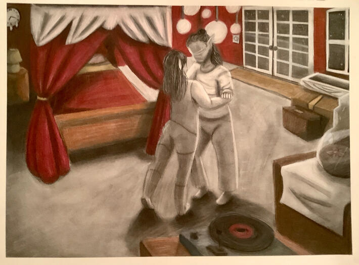 Room scene with two people dancing