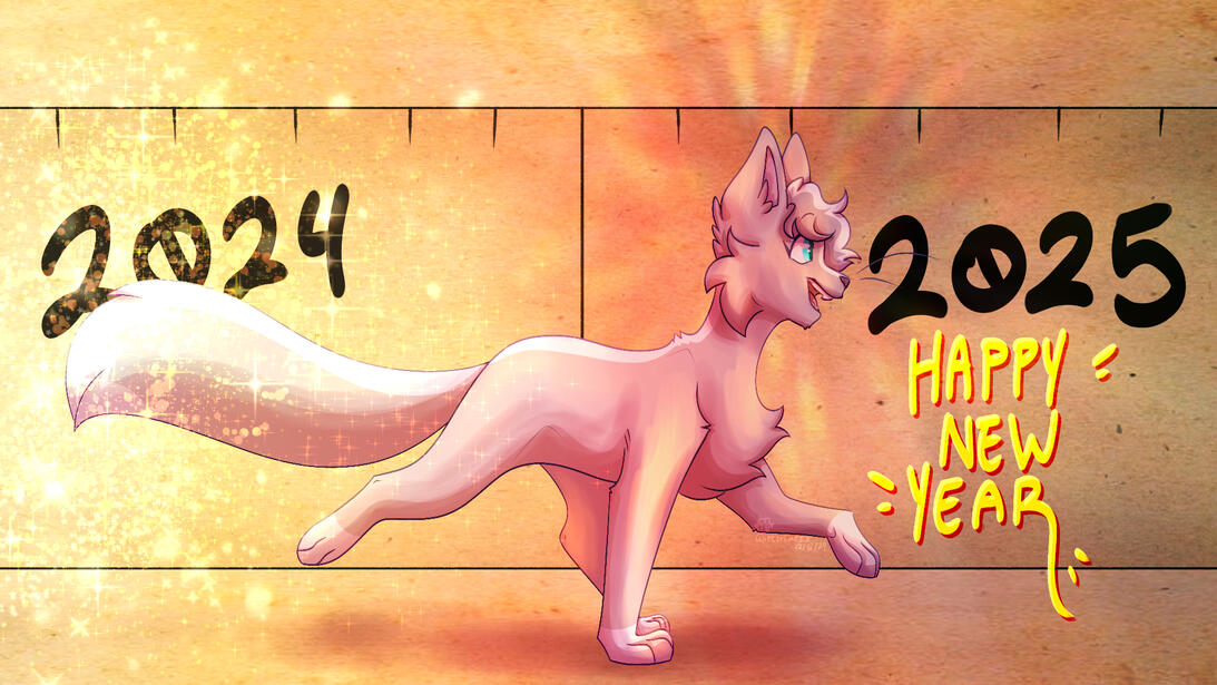 Blue cat walks across the screen, glitter behind her. Text reads "Happy New Years", with 2024 and 2025 written on the background.