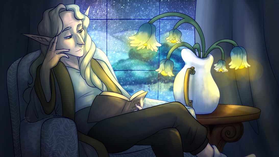 An elf sits in front of a window with a snowstorm outside, and fantasy light producing flowers allowing him to read his book.